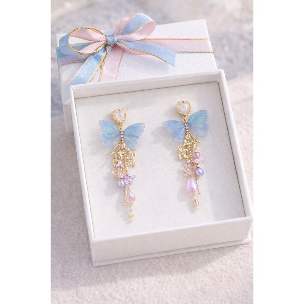 Pastel Blue‎ Butterfly Wing Drop Earrings Gold Floral Pearl Dangle Fairycore